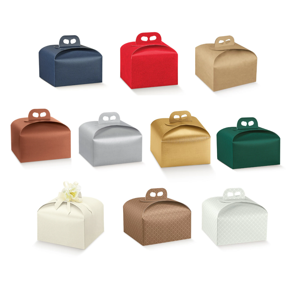 Scatole per panettone basso, varie forme e colori a tinta unita