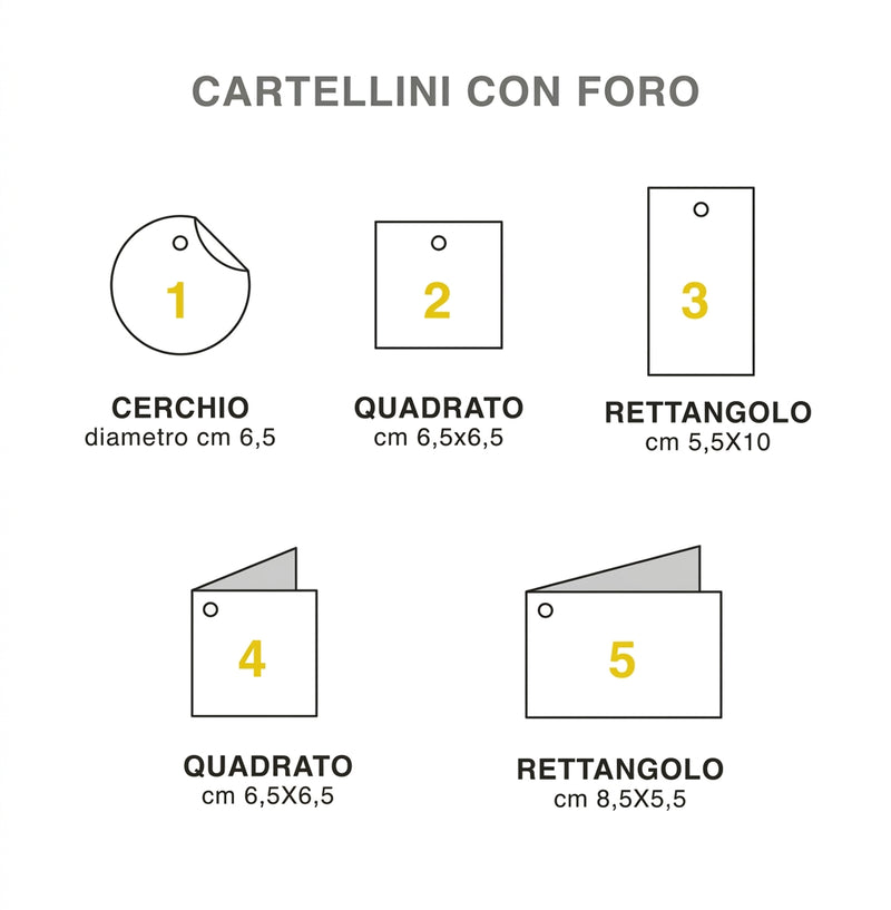 Esempio di cartellini con foro, diverse misure, disegni esplicativi