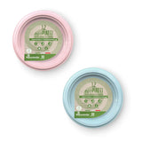 Due confezioni di piatti compostabili monouso, una rosa ed una azzurra 