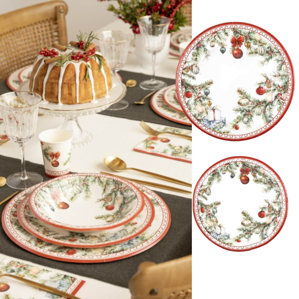 Tavola apparecchiata con piatti natalizi monouso 