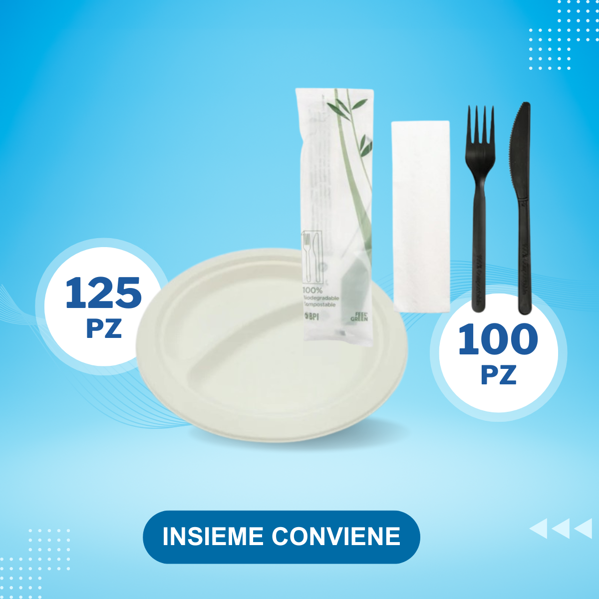 125pz Piatto monouso con scomparti + 100pz bis posate monouso (Promokit)