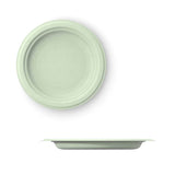 Piatto in polpa di cellulosa verde compostabile visto da sopra e da lato 