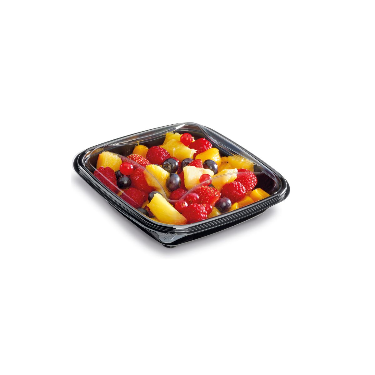 Piatto nero, con coperchio, ripieno di frutta.