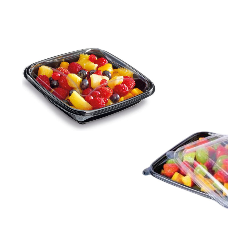 Piatto nero, con coperchio, ripieno di frutta, e dettaglio con coperchio appoggiato