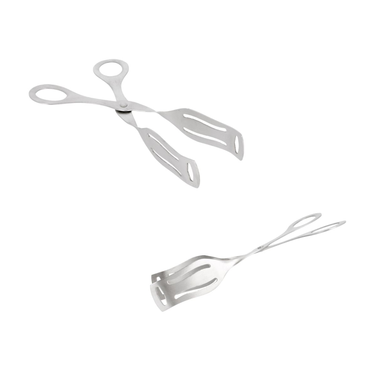 Pinza per alimenti in acciaio inox su sfondo bianco, in due prospettive