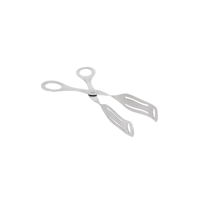 Pinza per alimenti in acciaio inox su sfondo bianco