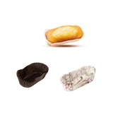 Pirottini ovali per plumcake, due mostrati vuoti ed uno pieno, diversi colori