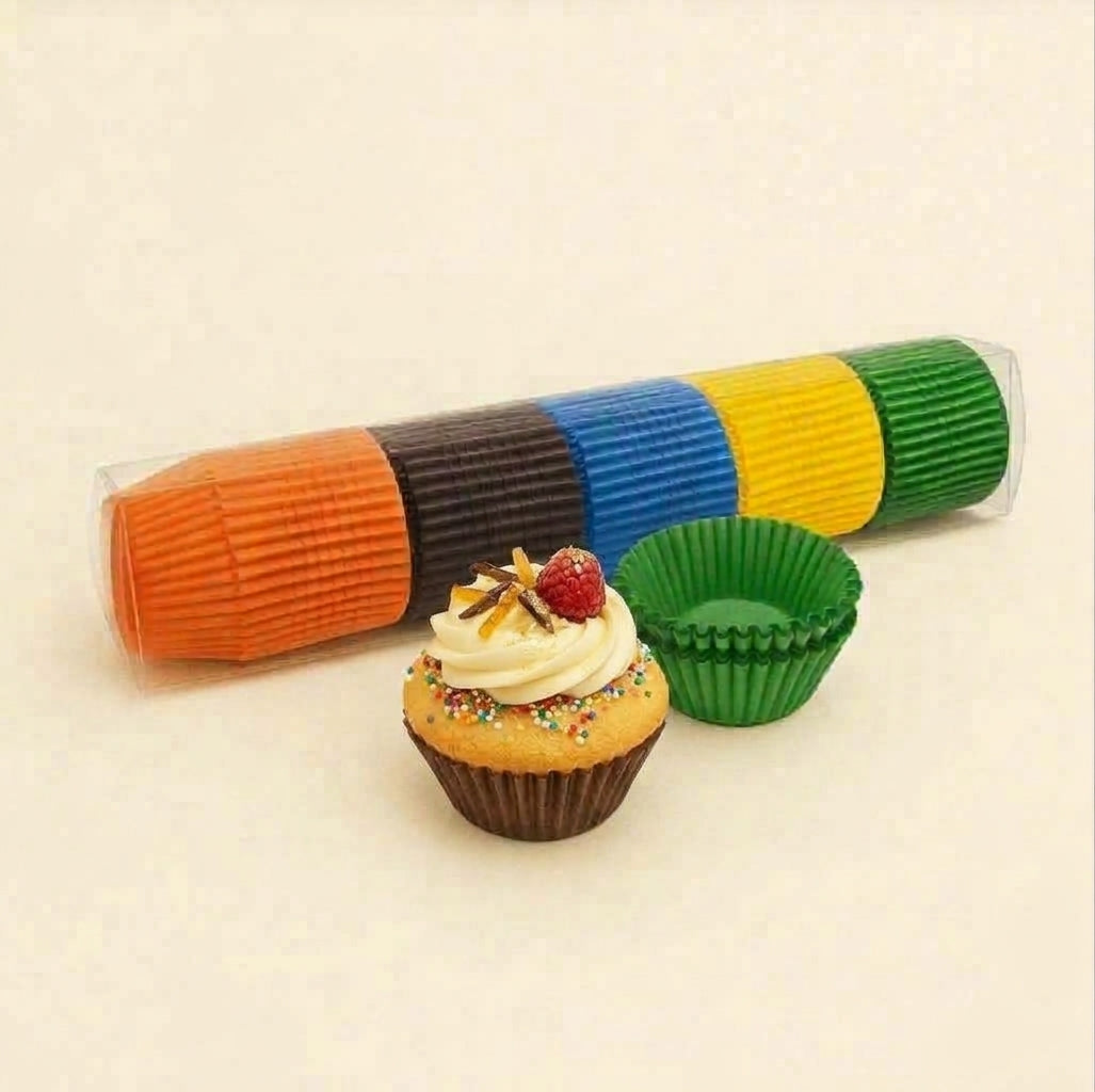 Pirottini colorati mostrati nella loro confezioni, ed uno fuori con un muffin 