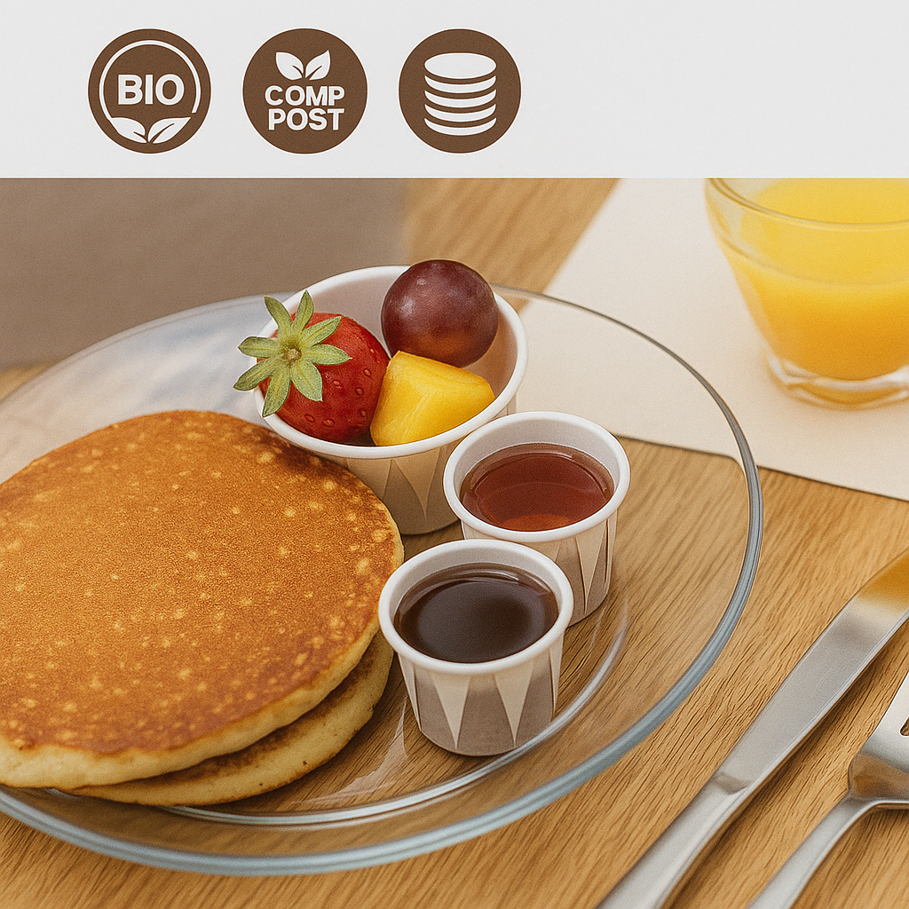 Pirottino bianco per salse, di diversi formati: due piccoli ripieni di miele e sciroppo d'acero. Uno grande con frutta. Disposti su un piatto con dei pancake