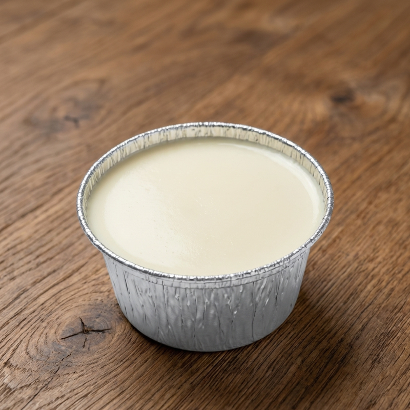 Pirottino di alluminio con panna cotta su tavolino di legno 