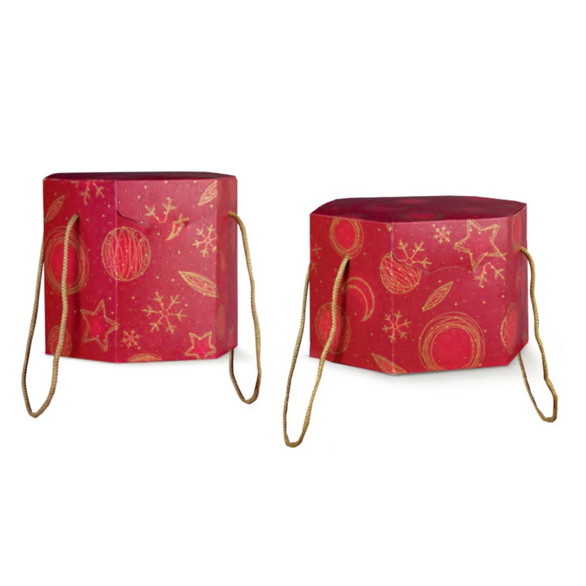 Scatola porta panettone esagonale rossa con fantasie dorate natalizie e cordini , due misure diverse