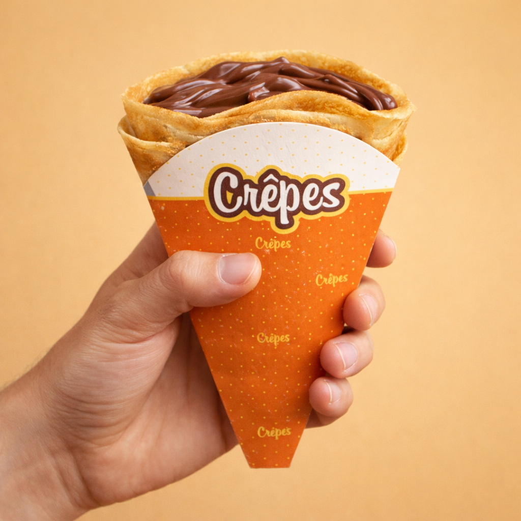Mano che regge  un porta crepese con una crepe al cioccolato dentro