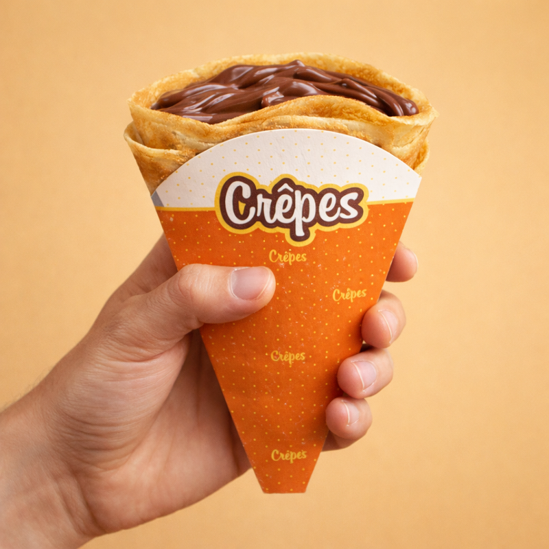 Mano che regge  un porta crepese con una crepe al cioccolato dentro