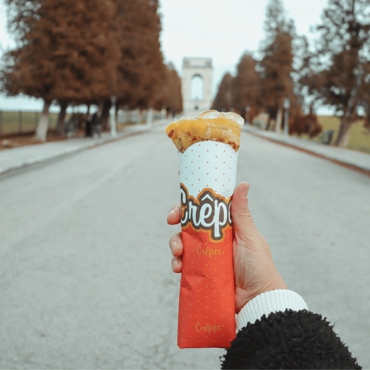 Mano che regge un porta crepes di carta pieno 