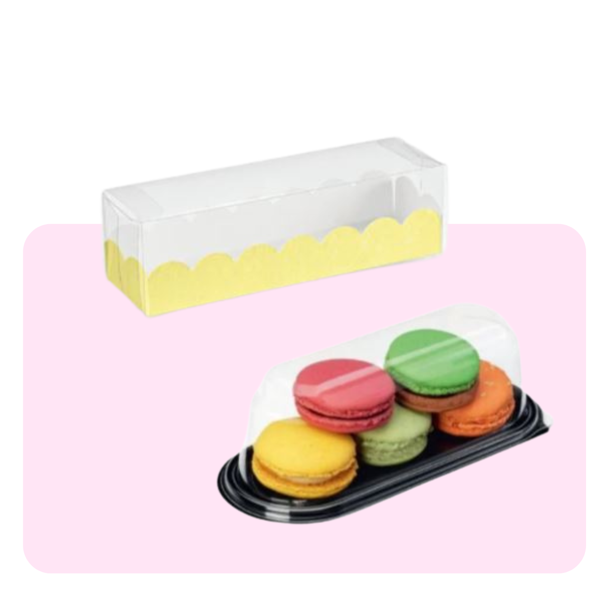 Banner a sfondo rosa, sotto a degli esempi, per macarons e scatola trasparente per macarons
