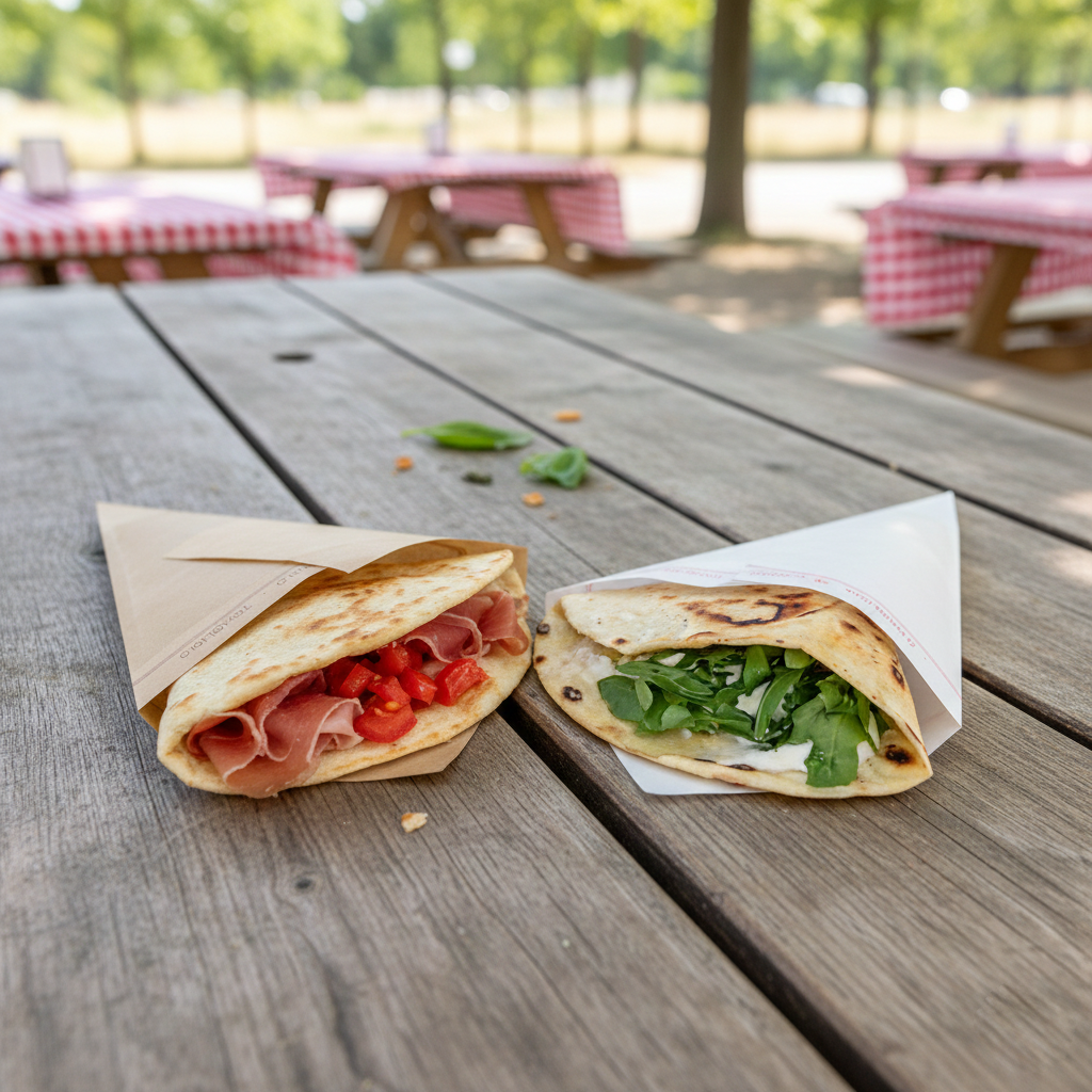 Tavolo di legno all'aperto  con sopra due piadine farcite 