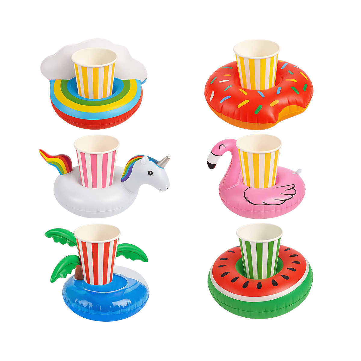 Linea completa di portabicchieri gonfiabili arcobaleno, unicorno fenicottero palma ciambella cocomero