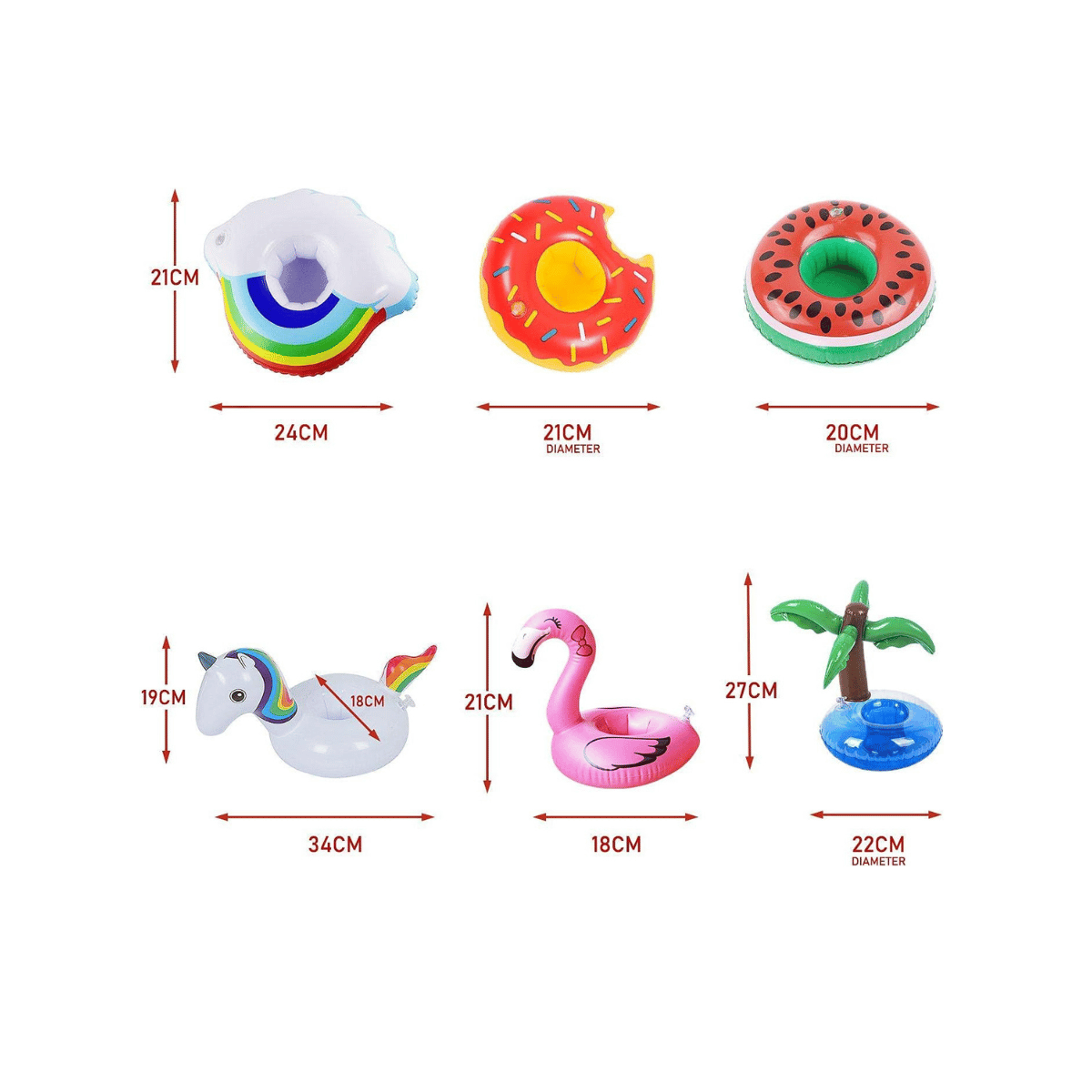 Linea completa di portabicchieri gonfiabili arcobaleno, unicorno fenicottero palma ciambella cocomero
