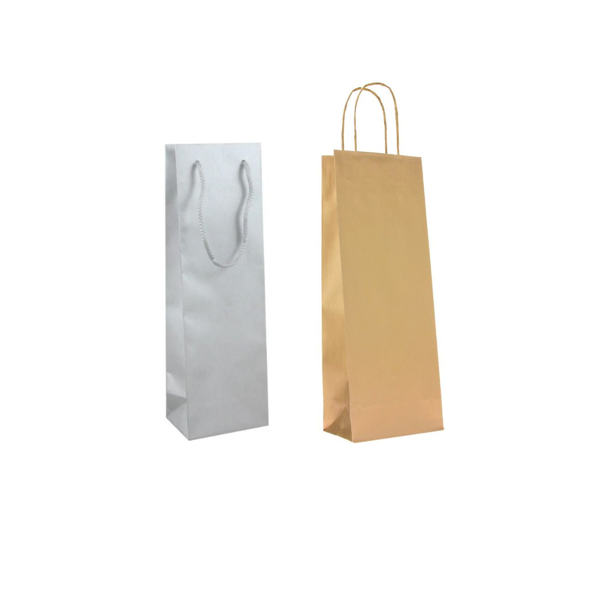 Porta bottiglia, color oro ed uno color argento, in piedi, su sfondo bianco