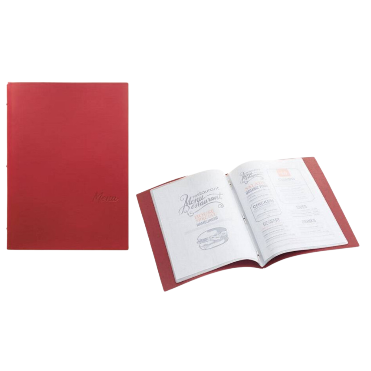 Porta menu rosso, mostrato chiuso ed aperto 