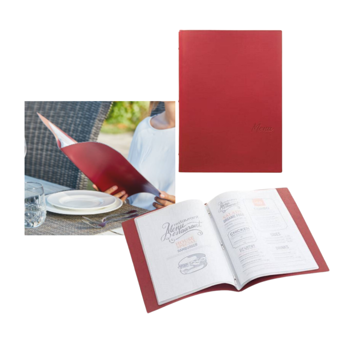 Porta menu rosso, mostrato chiuso, aperto ed in mano 