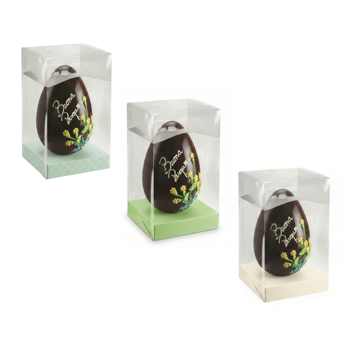 Portauova di pasqua, trasparenti e cubici con base colorata  con dentro uovo di cioccolata 
