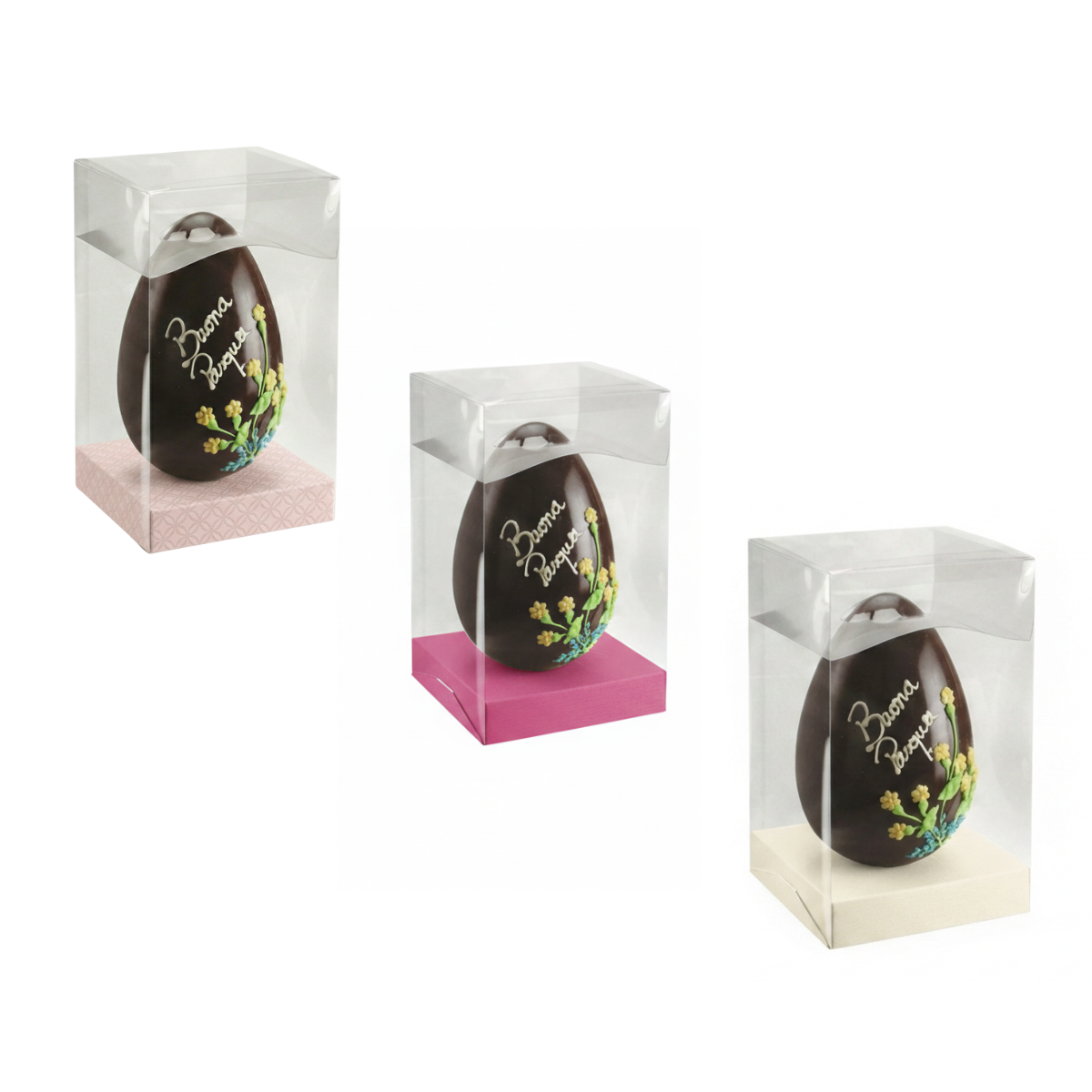Portauova di pasqua, trasparenti e cubici con base colorata  con dentro uovo di cioccolata 