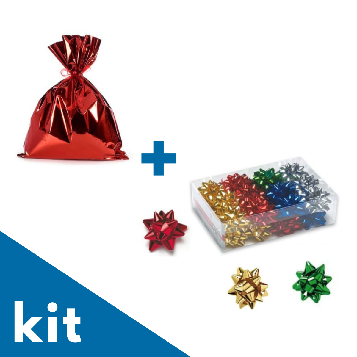 Kit con sacchetto rosso natalizio e coccarde colorate