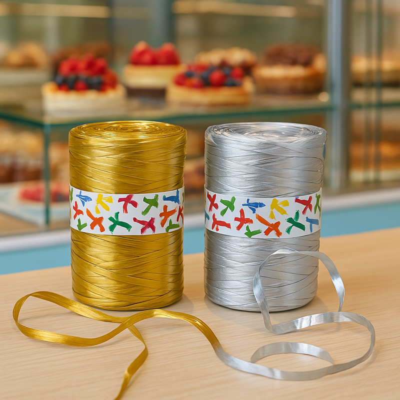 Raffia, gomitolo color oro e gomitolo color argento, su un tavolo di una pasticceria