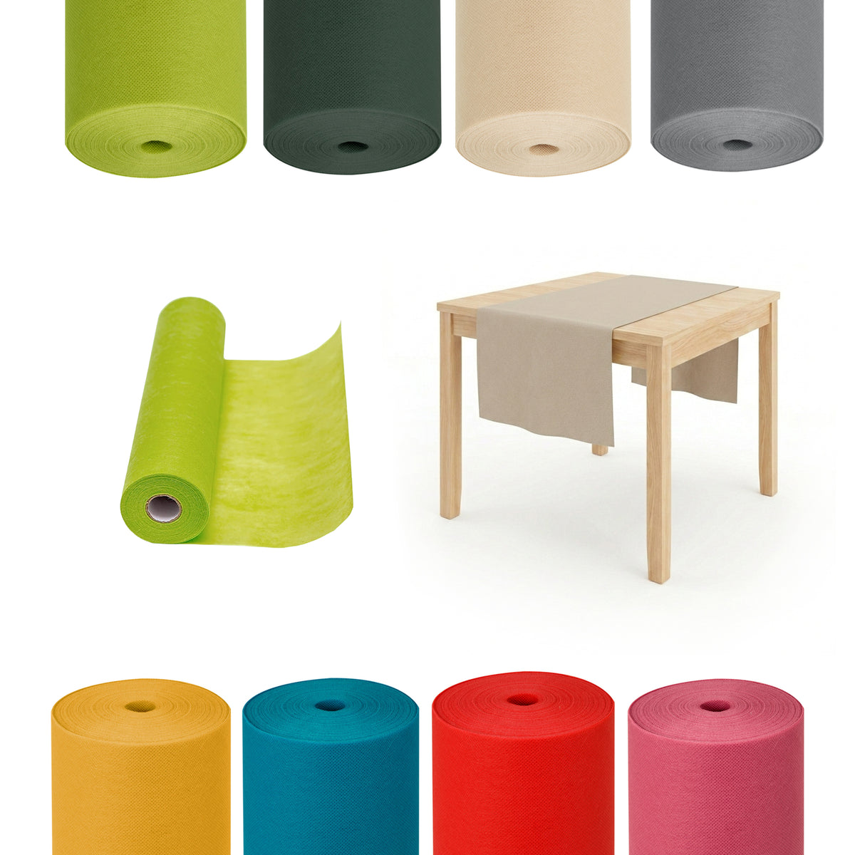Insieme di vari rotoli di runner di diversi colori ed un tavolino 
