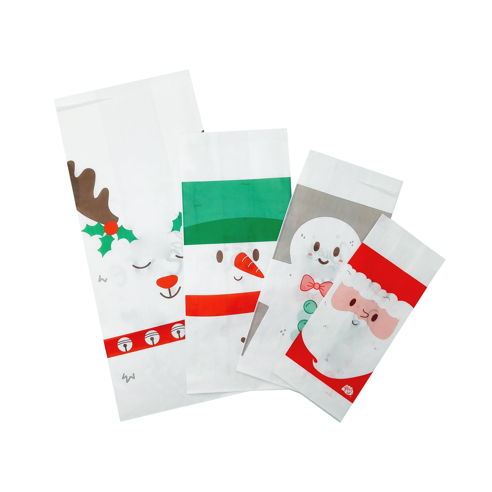 Sacchetti bianchi con fantasie natalizie, diverse grafiche e diverse forme