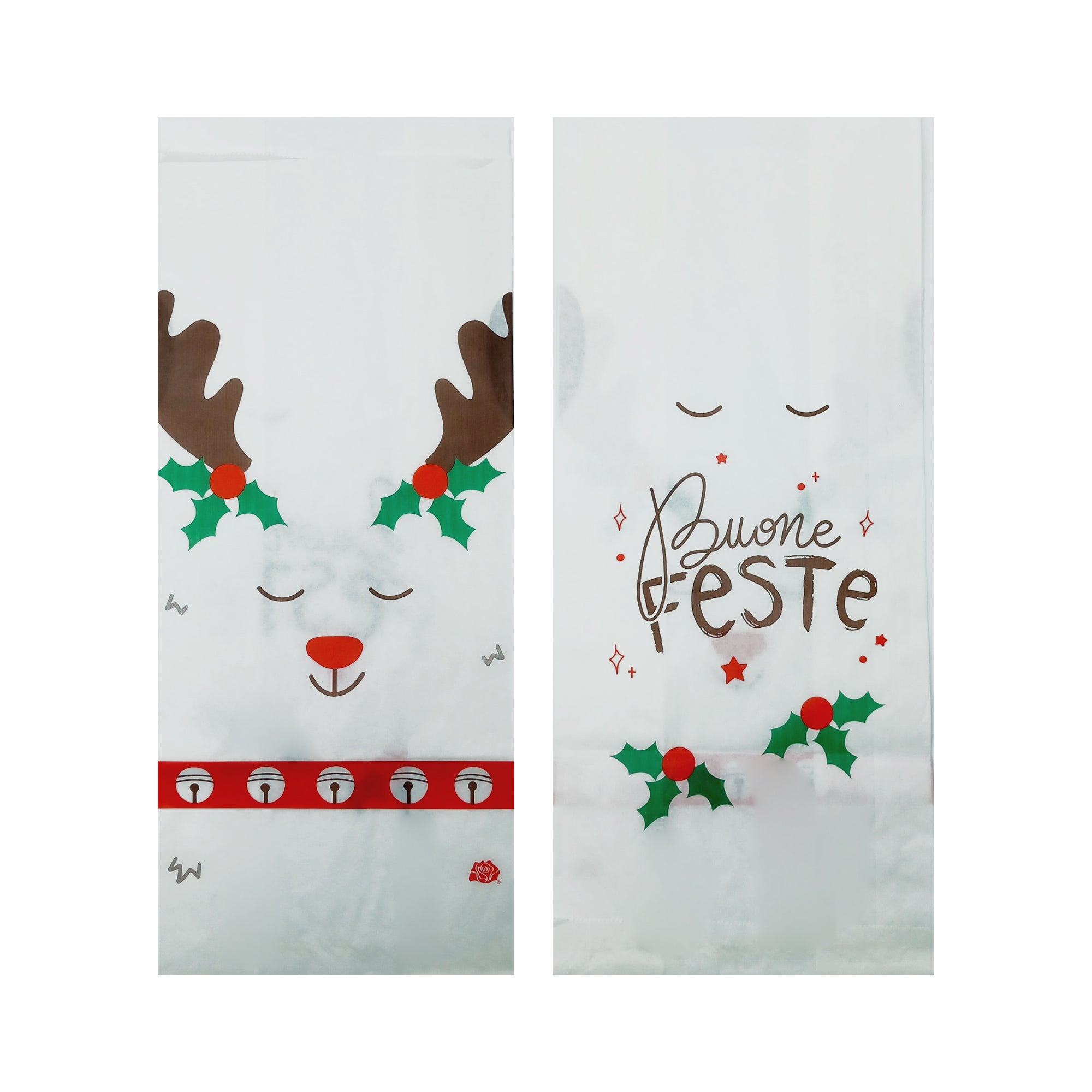 Sacchetti bianchi con fantasie natalizie, fronte e retro