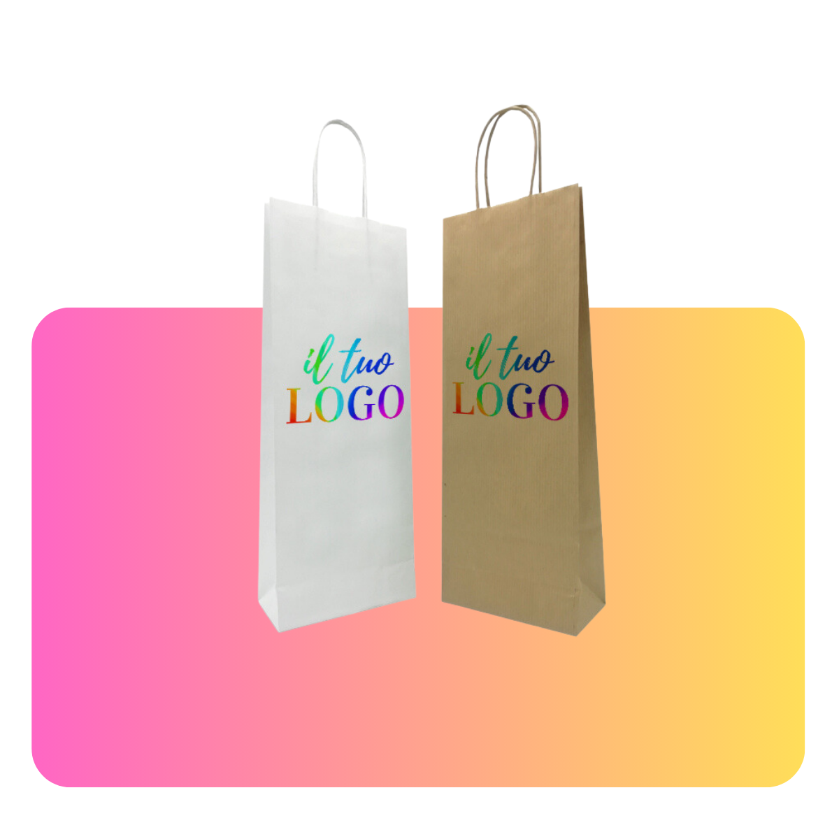 Sacchetti portabottiglia di carta, uno bianco ed uno avana, personalizzati con il tuo logo