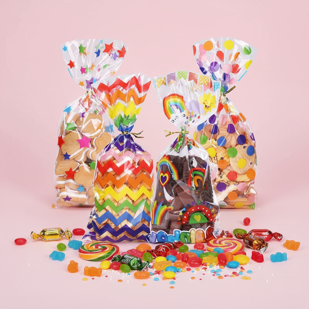 Vari sacchetti colorati trasparenti pieni di biscotti 