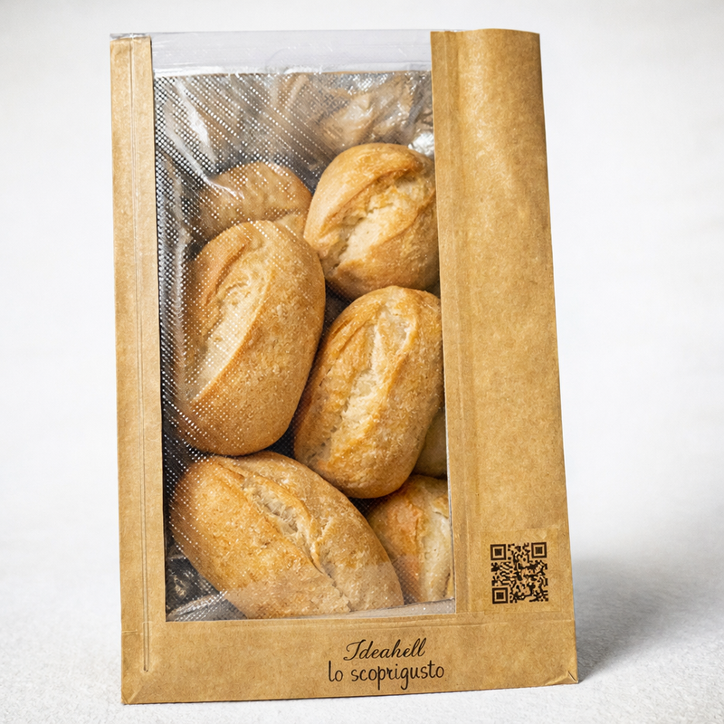 Sacchetto di carta con finestra pieno di pane 