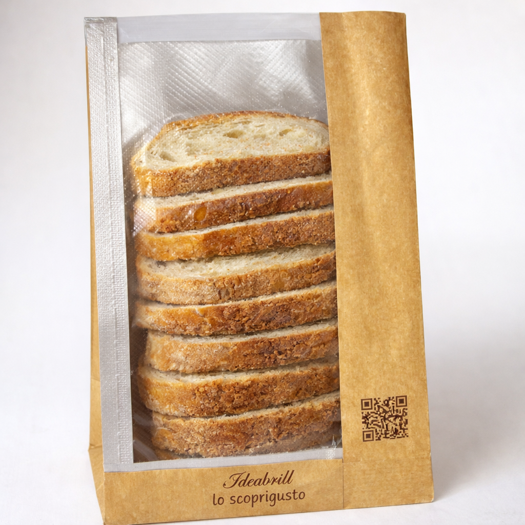 Sacchetto di carta con finestra pieno di pane 
