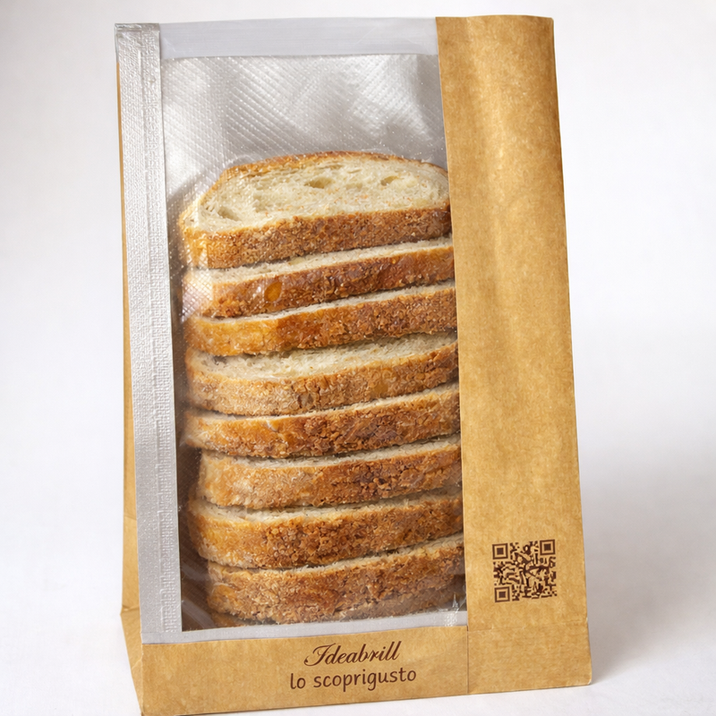 Sacchetto di carta con finestra pieno di pane 