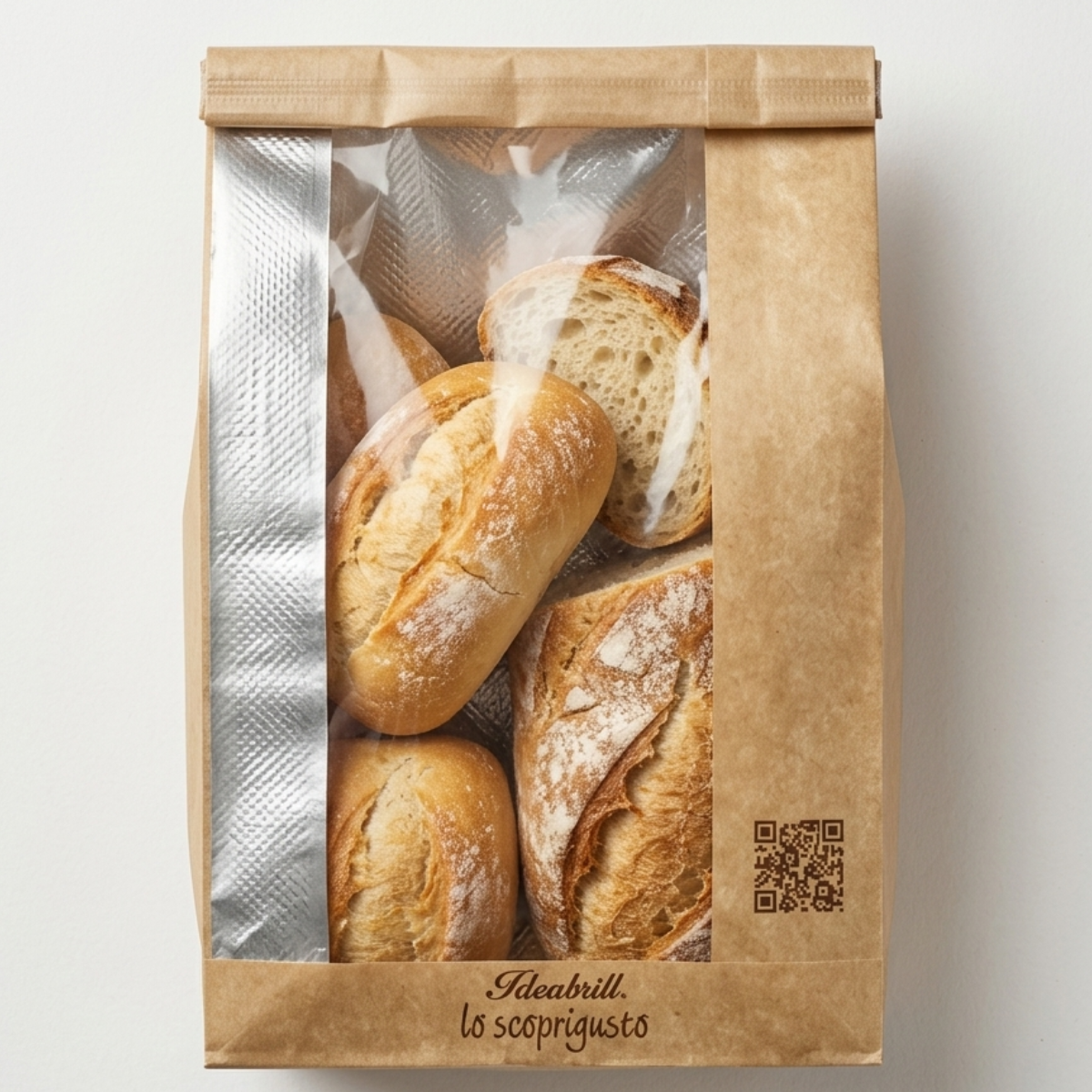 Sacchetto di carta con finestra pieno di pane 