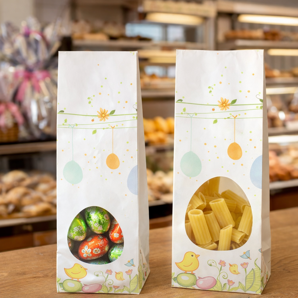 Due sacchetti di carta con finestra e stampa primaverile, uno pieno di ovetti ed uno di pasta, sul tavolo di un forno 