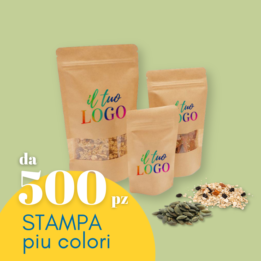 Sacchetti in carta con chiusura zip personalizzati con il tuo logo, in primopiano scritta da 500 pz stampa più colori