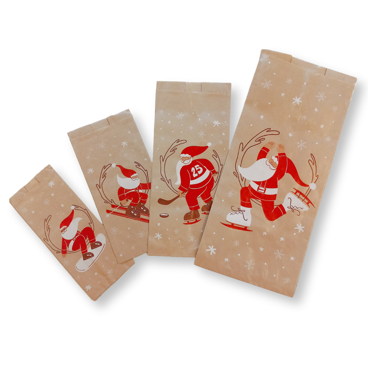Tre sacchetti di carta color avana con simboli natalizi 