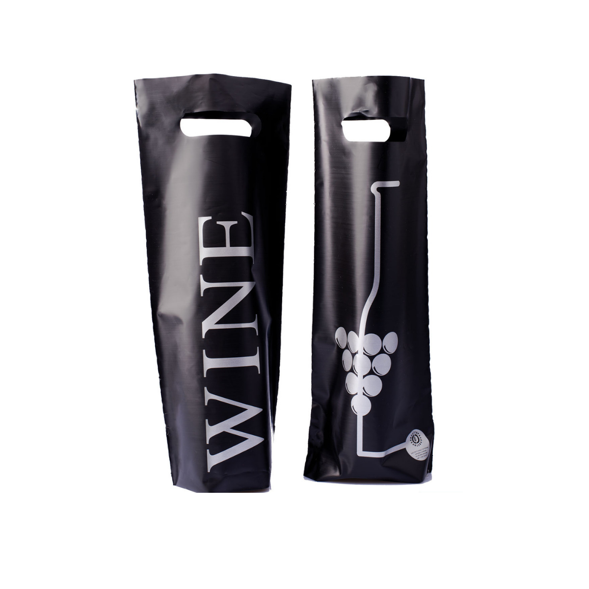 Sacchetti neri di plastica per vino con scritte e disegno bianco