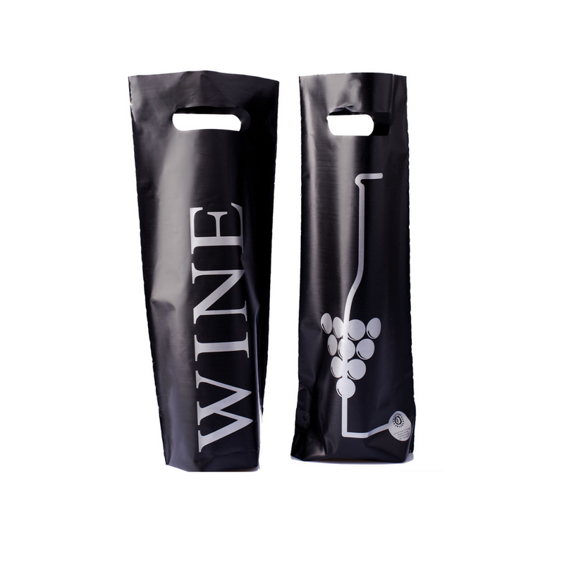 Sacchetti neri di plastica per vino con scritte e disegno bianco