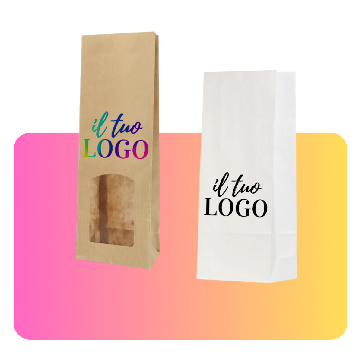 Sacchetti di carta, uno avana con finestra ed uno bianco personalizzati con il tuo logo 