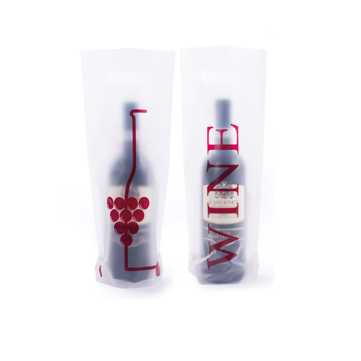 sacchetti per vino, di plastica, due con disegni e scritte rosse