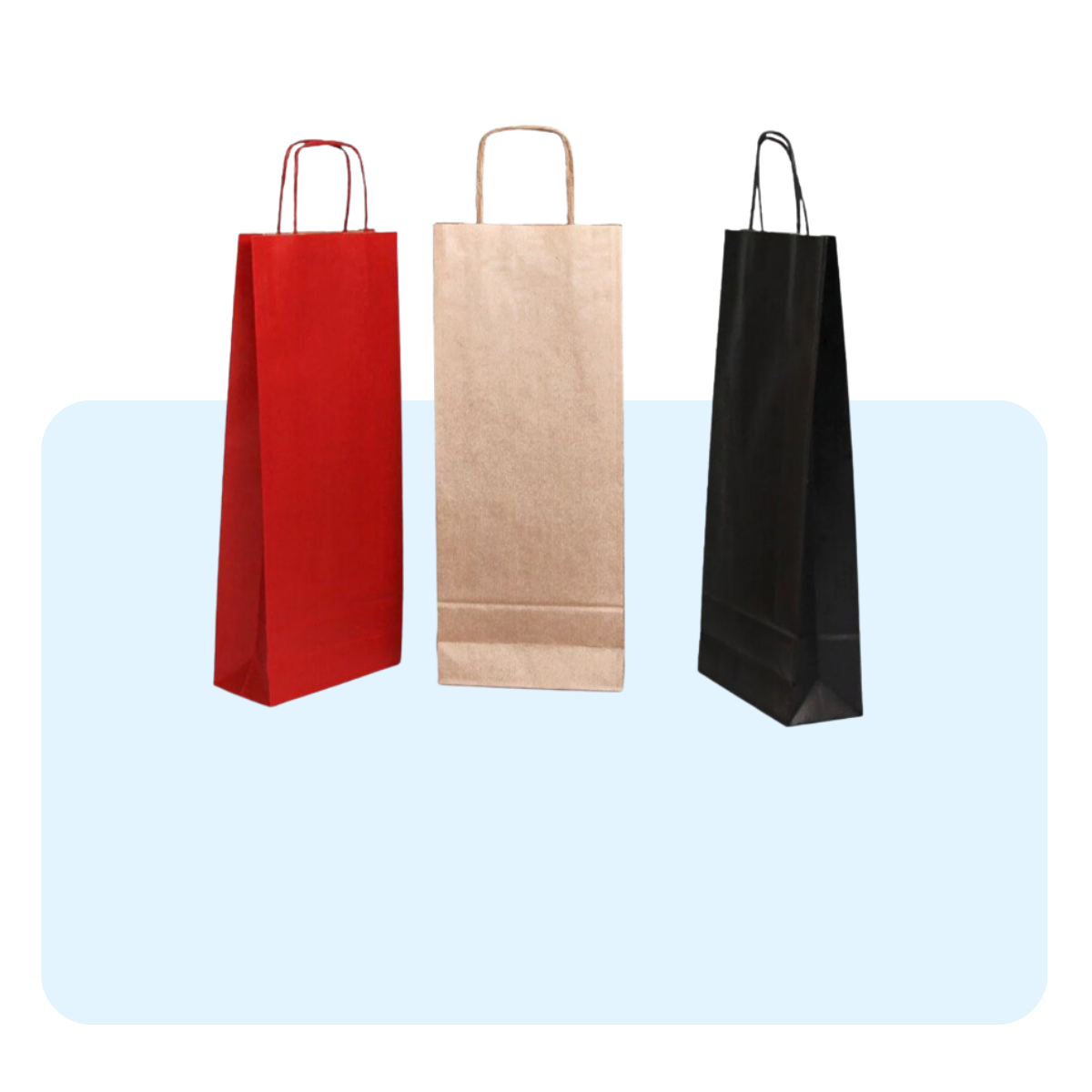 Banner con sfondo azzurro con: sacchetti porta bottiglia diversi colori 