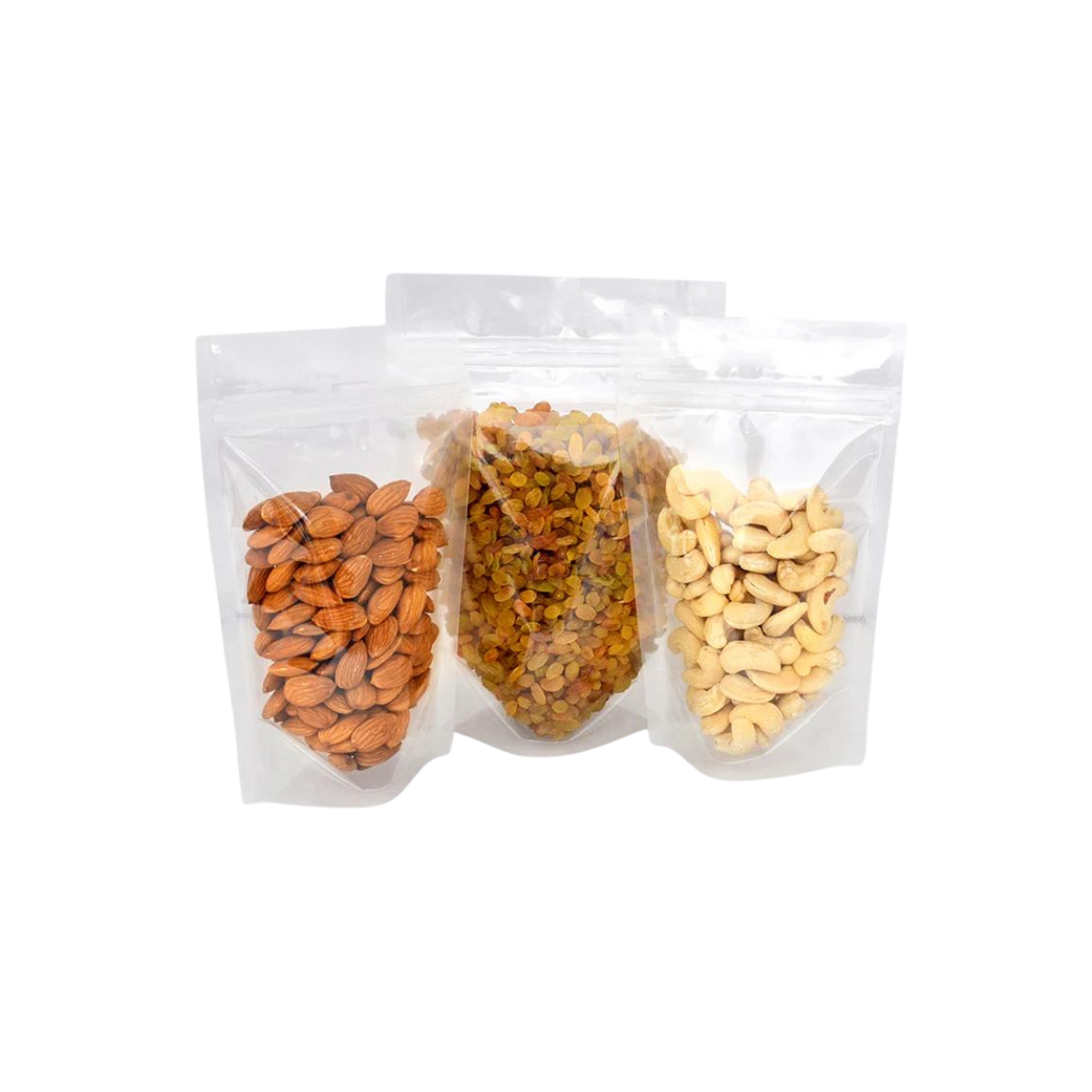 Sacchetti trasparenti, tre, ripieni di frutta secca