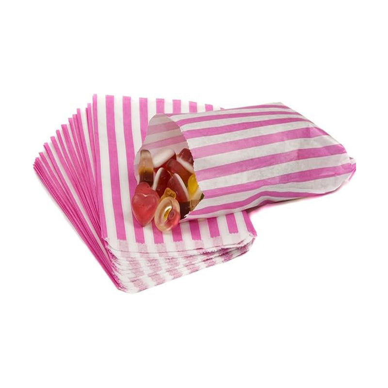 Sacchetto per caramelle a righe rosa mostrato pieno di caramelle e impilato vuoto