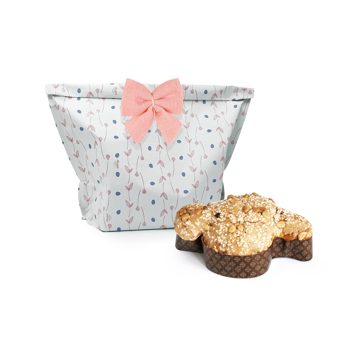Sacchetto porta colomba pois lilla e foglioline rosa . con un fiocco rosa, vicino ad una colomba pasquale 
