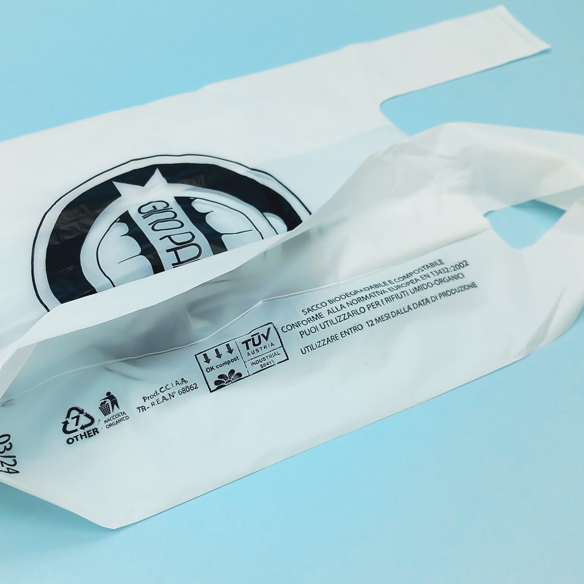 Sacchetto bianco compostabile personalizzato dettaglio scritte